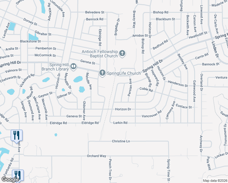 map of restaurants, bars, coffee shops, grocery stores, and more near 1610 Larkin Road in Spring Hill