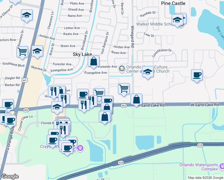 map of restaurants, bars, coffee shops, grocery stores, and more near 795 West Sand Lake Road in Orlando