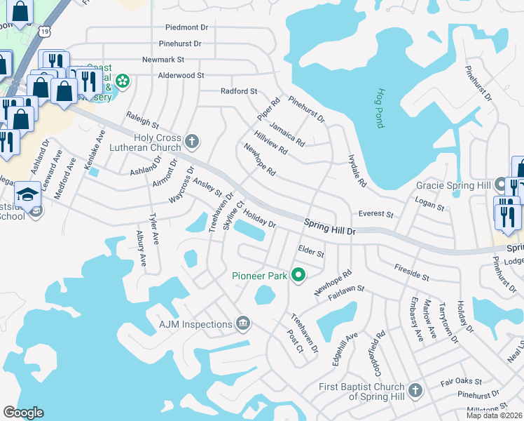 map of restaurants, bars, coffee shops, grocery stores, and more near 6345 Spring Hill Drive in Spring Hill