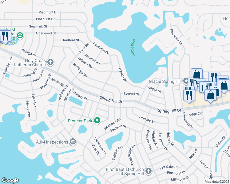 map of restaurants, bars, coffee shops, grocery stores, and more near 1256 Piper Road in Spring Hill