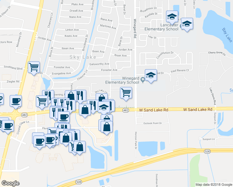 map of restaurants, bars, coffee shops, grocery stores, and more near 749 McDougall Court in Orlando