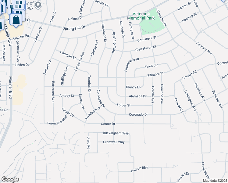 map of restaurants, bars, coffee shops, grocery stores, and more near 12099 Corinthian Street in Spring Hill