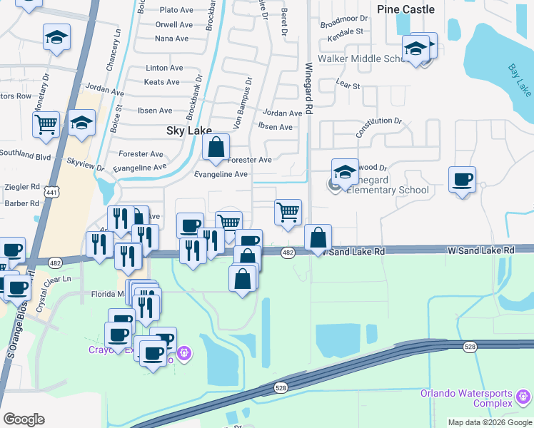 map of restaurants, bars, coffee shops, grocery stores, and more near 749 McDougall Court in Orlando