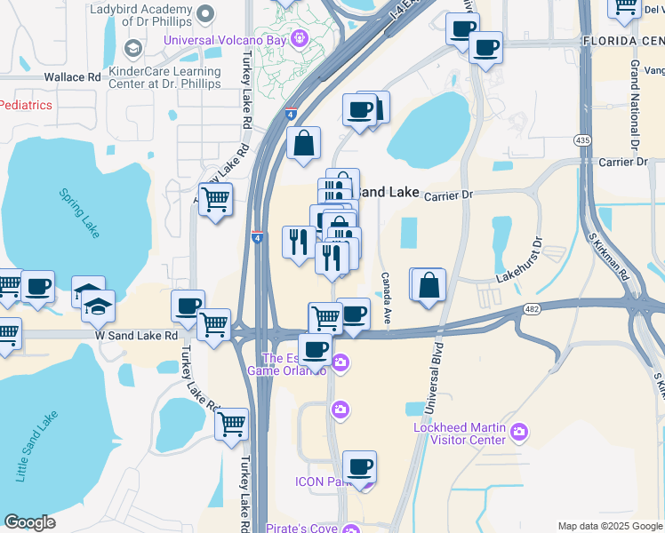 map of restaurants, bars, coffee shops, grocery stores, and more near 7600 International Drive in Orlando