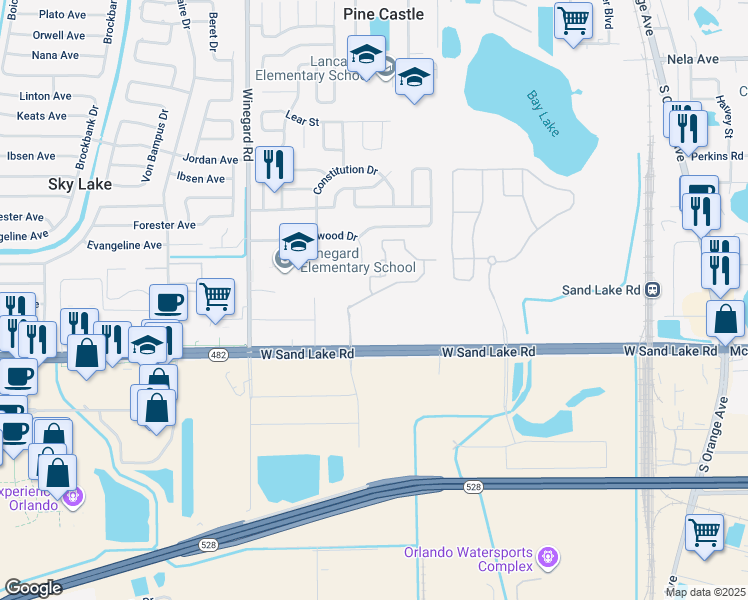 map of restaurants, bars, coffee shops, grocery stores, and more near 7577 Sand Lake Pointe Loop in Orlando