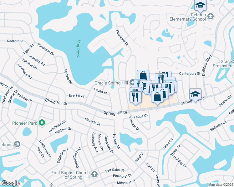 map of restaurants, bars, coffee shops, grocery stores, and more near 1273 Sylvia Avenue in Spring Hill