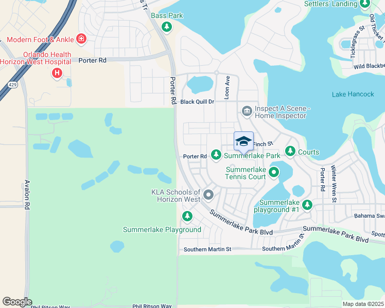 map of restaurants, bars, coffee shops, grocery stores, and more near 15625 Porter Road in Winter Garden