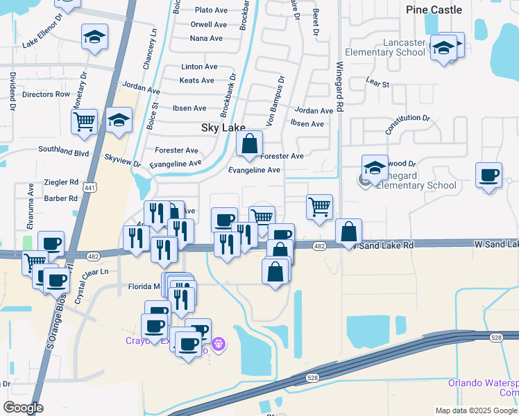 map of restaurants, bars, coffee shops, grocery stores, and more near 825 Sky Lake Circle in Orlando