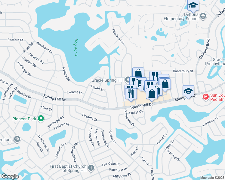 map of restaurants, bars, coffee shops, grocery stores, and more near 1280 Hanover Court in Spring Hill