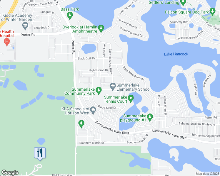 map of restaurants, bars, coffee shops, grocery stores, and more near 15481 Porter Road in Winter Garden