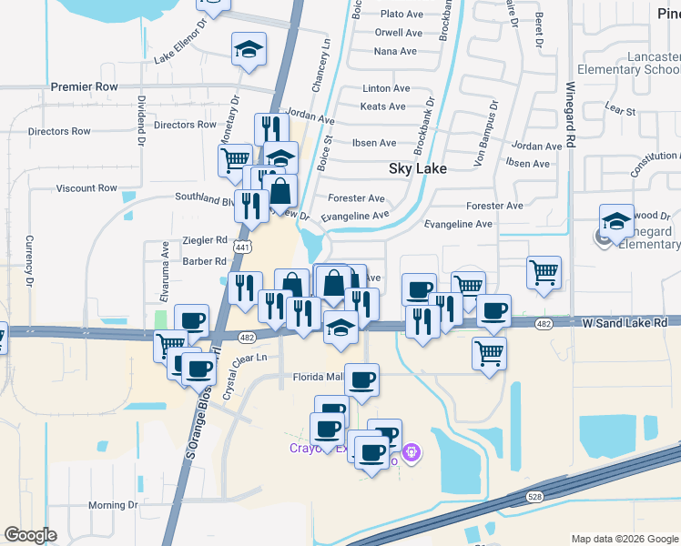 map of restaurants, bars, coffee shops, grocery stores, and more near 1215 Chesterton Avenue in Orlando