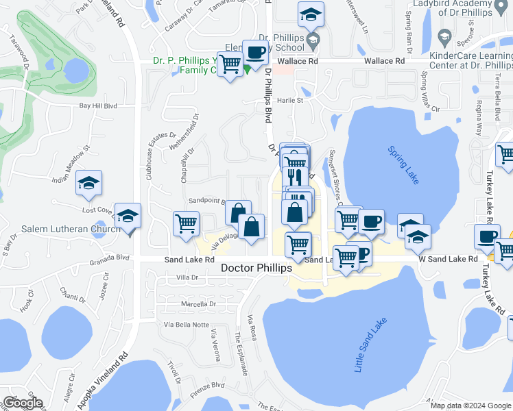 map of restaurants, bars, coffee shops, grocery stores, and more near 7707 High Pine Road in Orlando