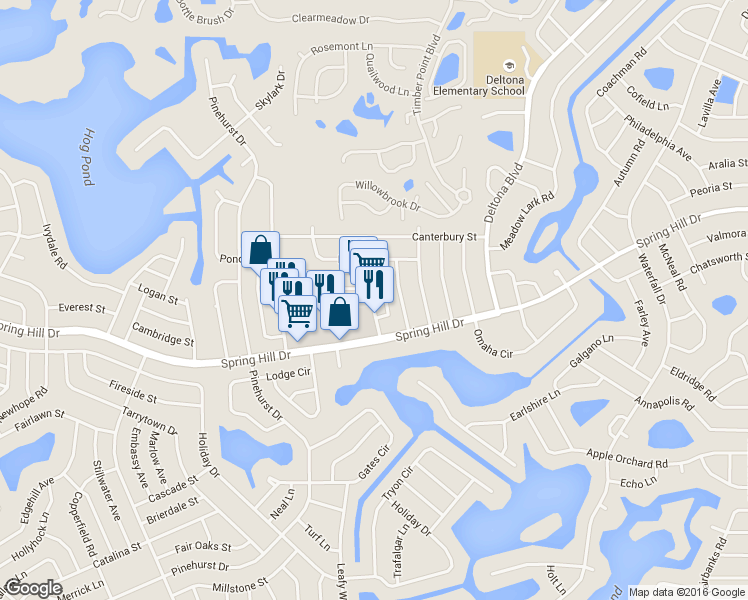 map of restaurants, bars, coffee shops, grocery stores, and more near 1409 Kass Circle in Spring Hill