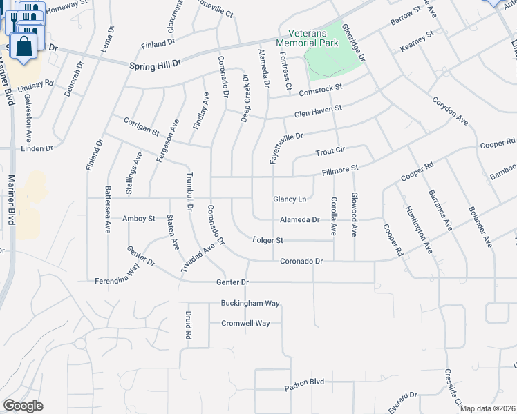 map of restaurants, bars, coffee shops, grocery stores, and more near 1532 Alameda Drive in Spring Hill