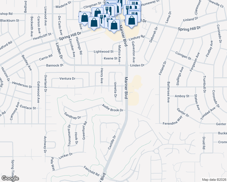 map of restaurants, bars, coffee shops, grocery stores, and more near 1231 Venetia Drive in Spring Hill