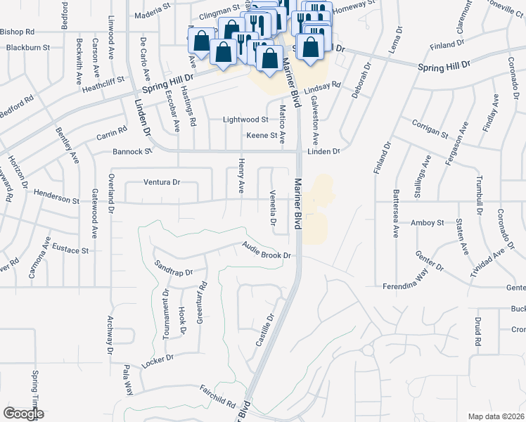 map of restaurants, bars, coffee shops, grocery stores, and more near 10994 Henderson Street in Spring Hill