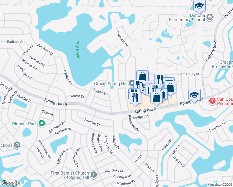 map of restaurants, bars, coffee shops, grocery stores, and more near 1275 Sylvia Avenue in Spring Hill