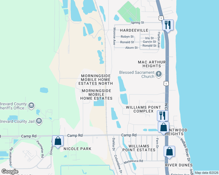map of restaurants, bars, coffee shops, grocery stores, and more near 495 Quarno Road in Cocoa