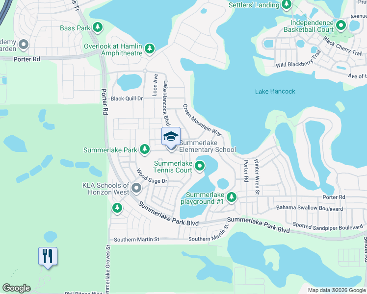 map of restaurants, bars, coffee shops, grocery stores, and more near 7597 Purple Finch Street in Winter Garden