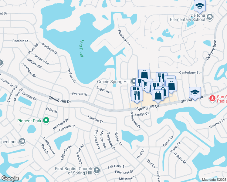 map of restaurants, bars, coffee shops, grocery stores, and more near 1280 Hanover Court in Spring Hill