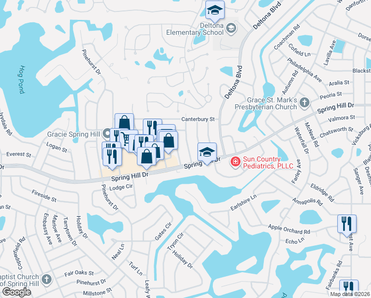 map of restaurants, bars, coffee shops, grocery stores, and more near 1290 Malone Avenue in Spring Hill