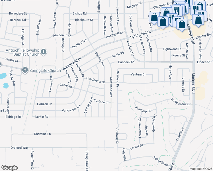 map of restaurants, bars, coffee shops, grocery stores, and more near 10221 Henderson Street in Spring Hill