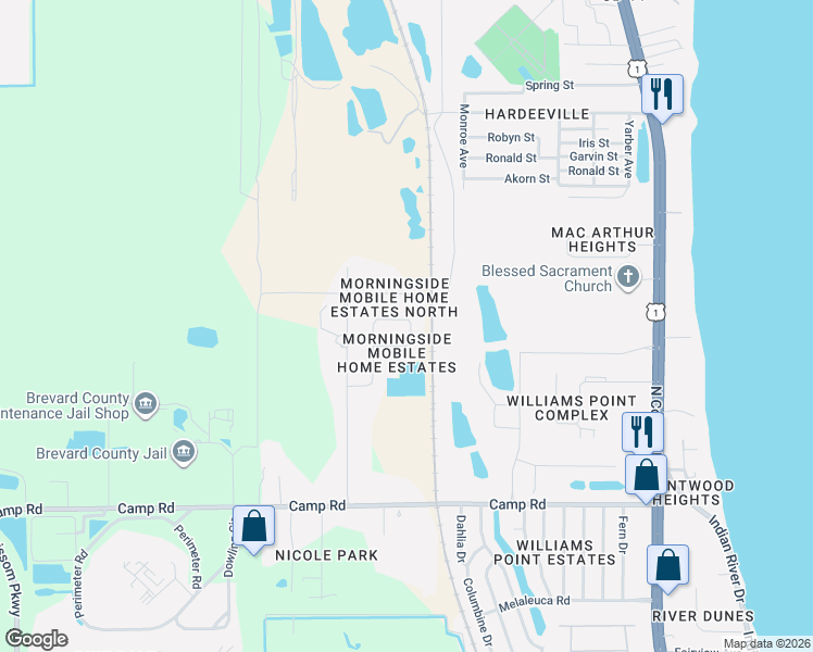 map of restaurants, bars, coffee shops, grocery stores, and more near 557 Nicklaus Circle in Cocoa