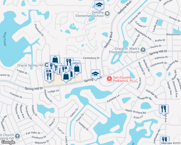 map of restaurants, bars, coffee shops, grocery stores, and more near 1297 Markham Avenue in Spring Hill