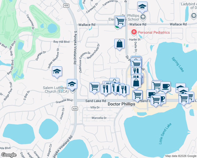 map of restaurants, bars, coffee shops, grocery stores, and more near 8317 Sandpoint Boulevard in Orlando