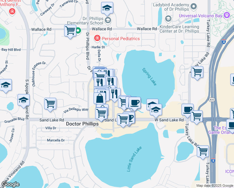map of restaurants, bars, coffee shops, grocery stores, and more near 7575 Doctor Phillips Boulevard in Orlando
