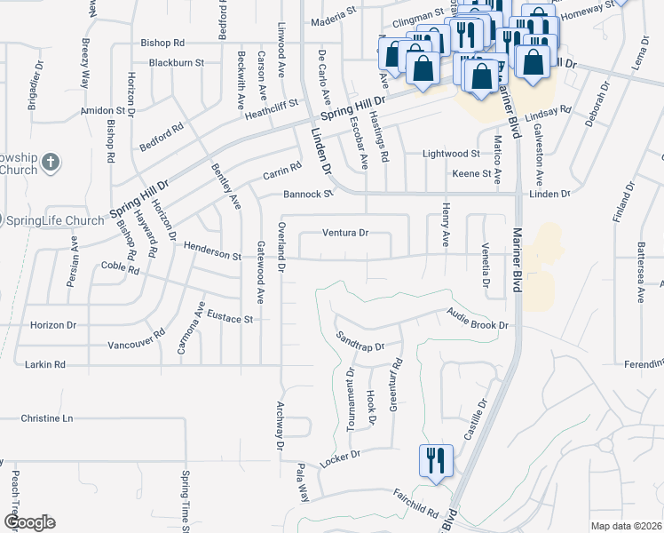 map of restaurants, bars, coffee shops, grocery stores, and more near 1269 Hubbard Court in Spring Hill