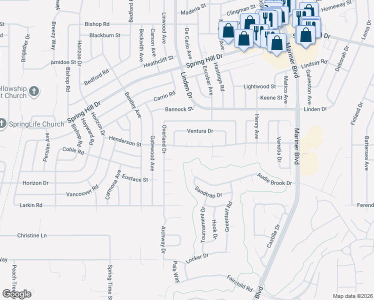 map of restaurants, bars, coffee shops, grocery stores, and more near 10334 Ventura Drive in Spring Hill