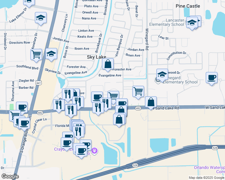 map of restaurants, bars, coffee shops, grocery stores, and more near 834 Sky Lake Circle in Orlando
