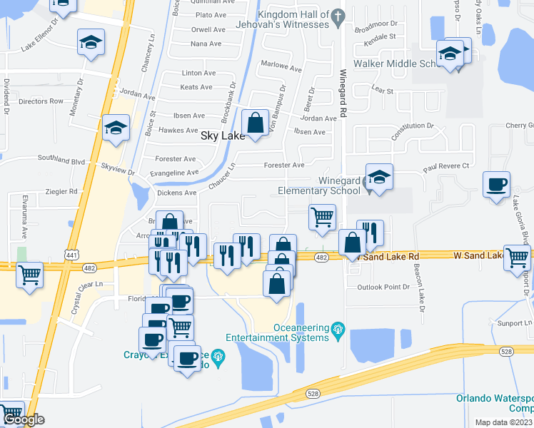 map of restaurants, bars, coffee shops, grocery stores, and more near 830 Sky Lake Circle in Orlando