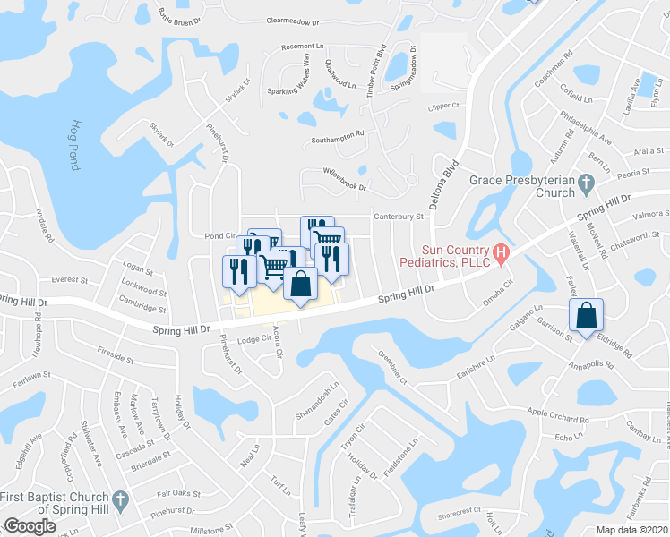 map of restaurants, bars, coffee shops, grocery stores, and more near 1409 Kass Circle in Spring Hill