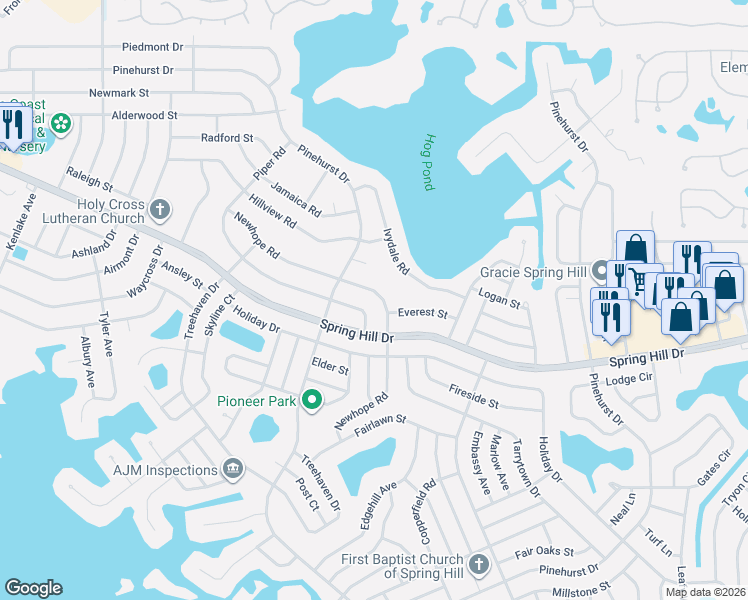 map of restaurants, bars, coffee shops, grocery stores, and more near 1379 Newhope Road in Spring Hill