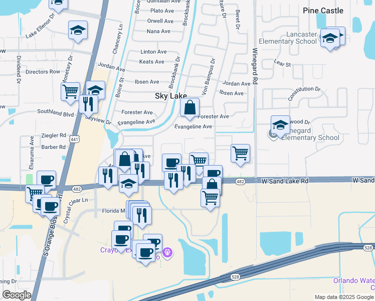 map of restaurants, bars, coffee shops, grocery stores, and more near 849 Sky Lake Circle in Orlando