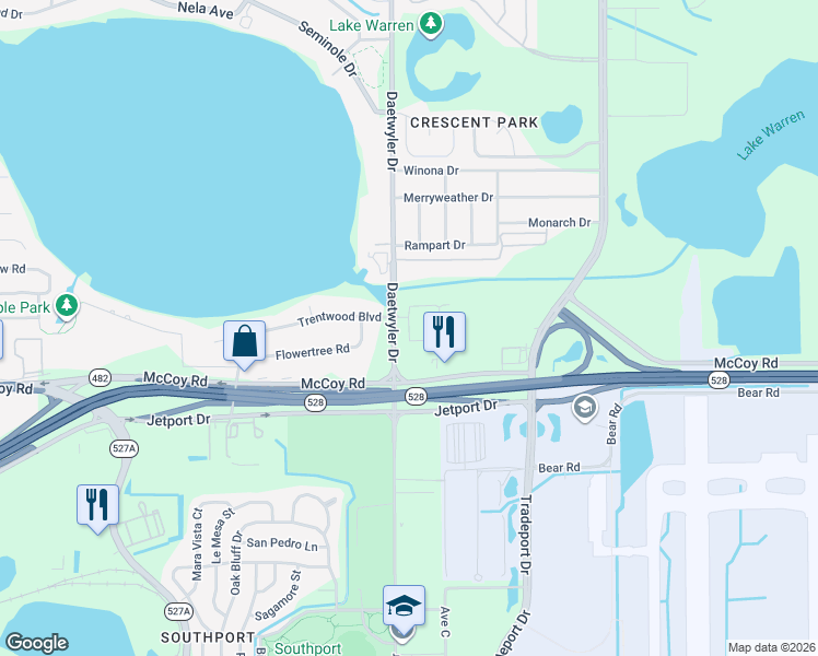 map of restaurants, bars, coffee shops, grocery stores, and more near 7921 Daetwyler Drive in Orlando