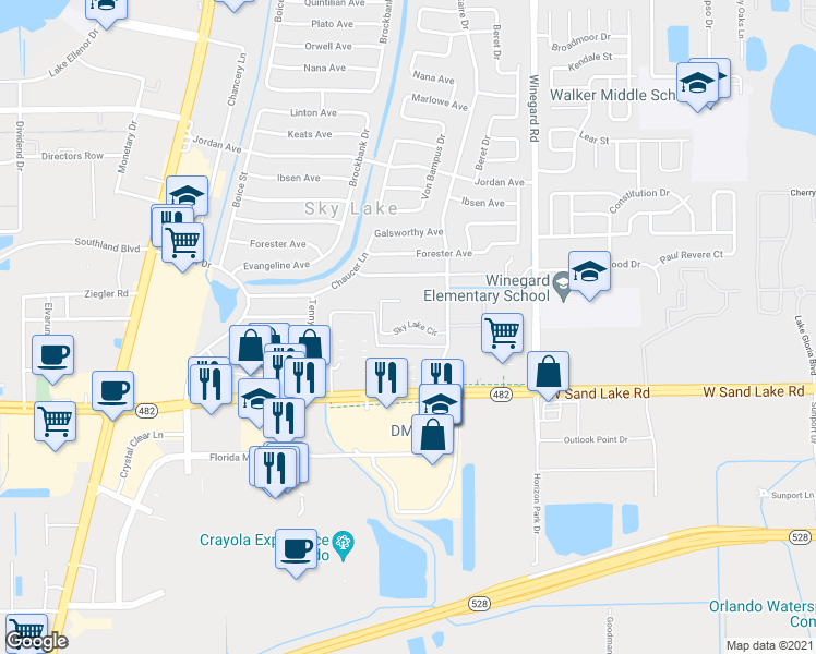 map of restaurants, bars, coffee shops, grocery stores, and more near 825 Sky Lake Circle in Orlando