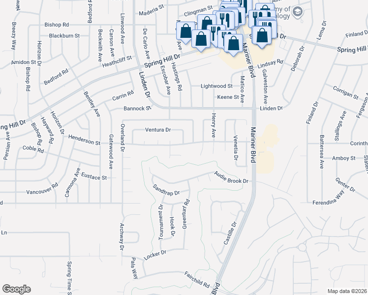 map of restaurants, bars, coffee shops, grocery stores, and more near 10427-10449 Henderson St in Spring Hill