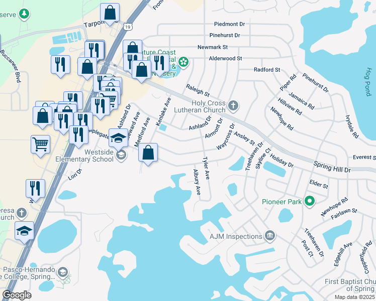 map of restaurants, bars, coffee shops, grocery stores, and more near 6072 Airmont Drive in Spring Hill