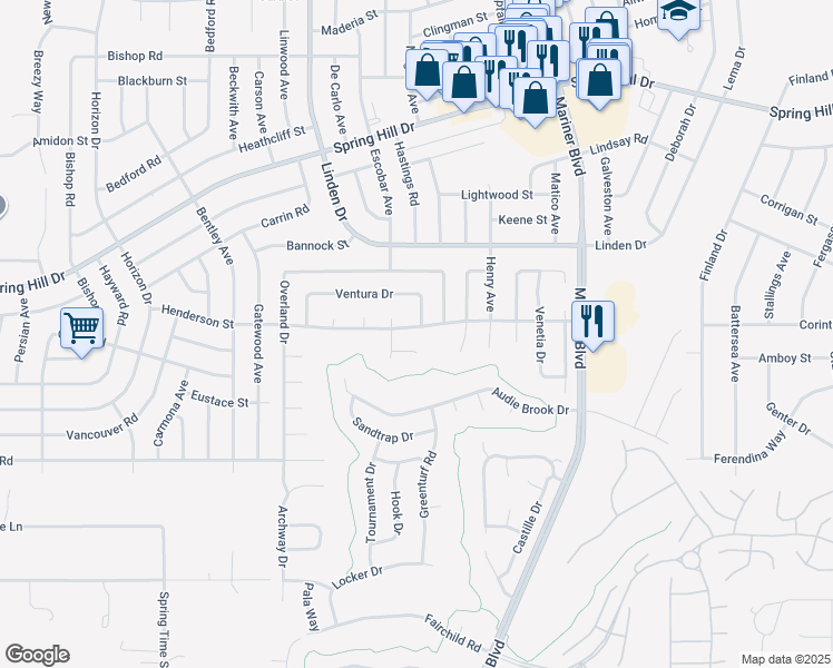 map of restaurants, bars, coffee shops, grocery stores, and more near 10427-10449 Henderson St in Spring Hill