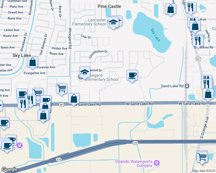 map of restaurants, bars, coffee shops, grocery stores, and more near 7577 Sand Lake Pointe Loop in Orlando