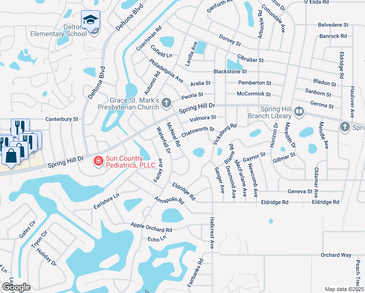 map of restaurants, bars, coffee shops, grocery stores, and more near 1336 McNeal Road in Spring Hill