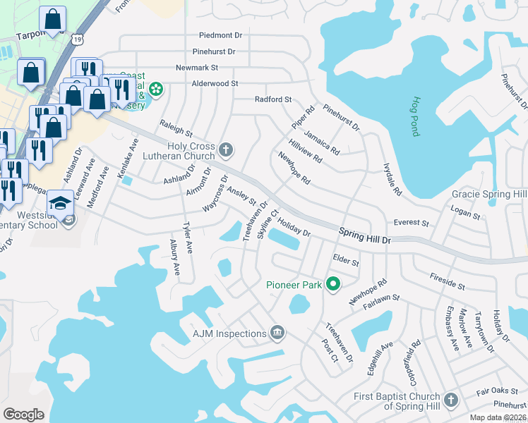map of restaurants, bars, coffee shops, grocery stores, and more near 6379 Treehaven Drive in Spring Hill