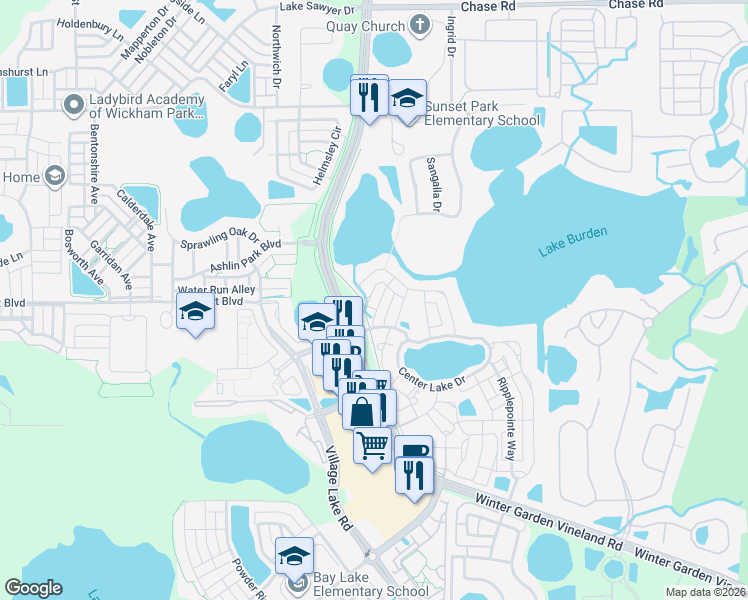 map of restaurants, bars, coffee shops, grocery stores, and more near 7318 Brightland Street in Windermere