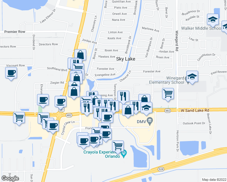 map of restaurants, bars, coffee shops, grocery stores, and more near 1104 Chesterton Avenue in Orlando