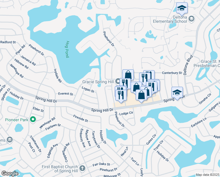 map of restaurants, bars, coffee shops, grocery stores, and more near 1320 Sylvia Avenue in Spring Hill