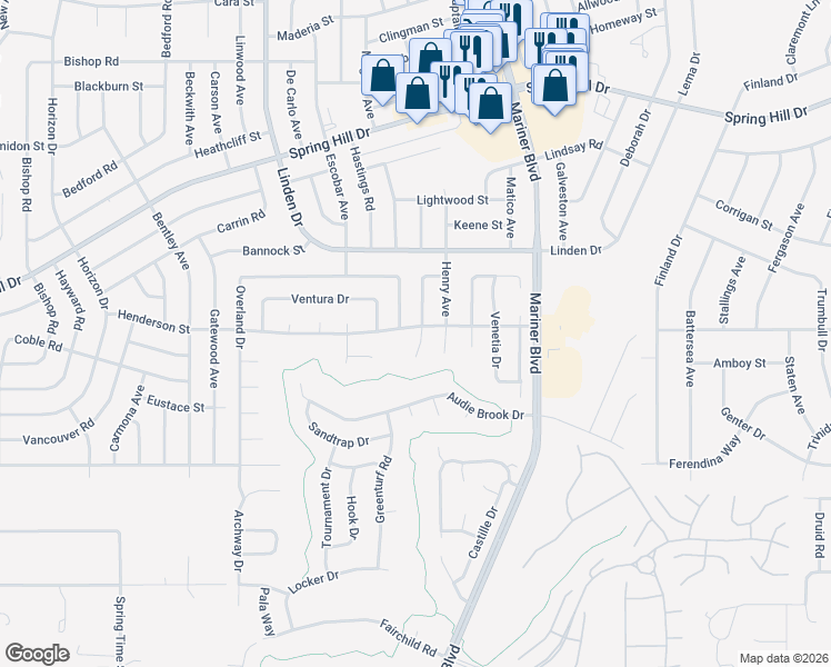 map of restaurants, bars, coffee shops, grocery stores, and more near 1238 Lansing Drive in Spring Hill