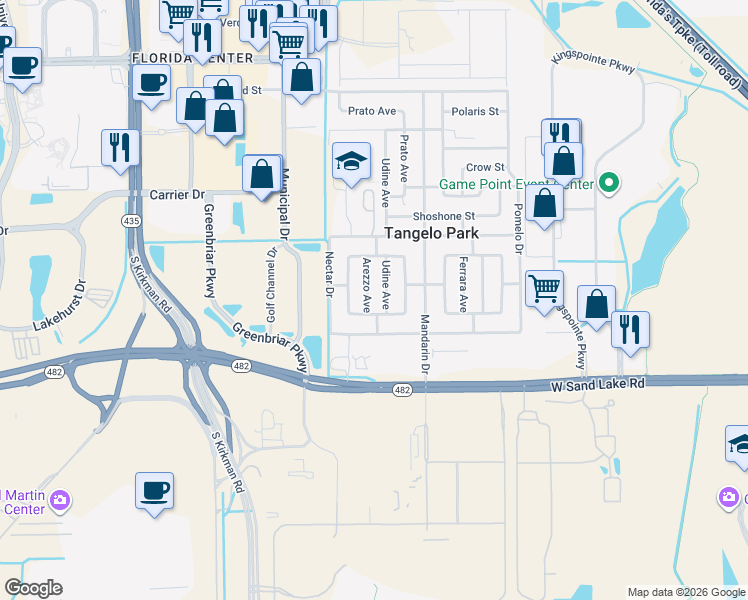 map of restaurants, bars, coffee shops, grocery stores, and more near 7709 Arezzo Avenue in Orlando